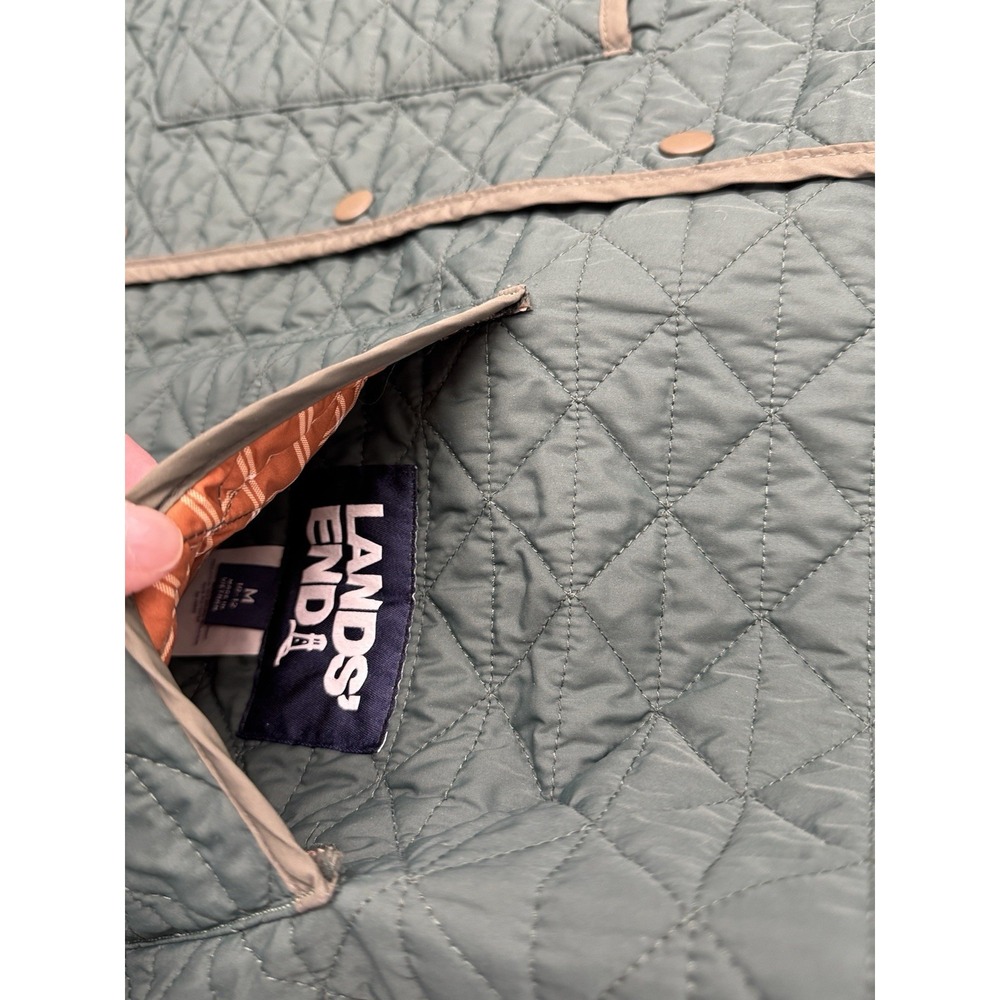 Lands' End Quilted Green Jacket with Orange Plaid Lining - Picture 9 of 13